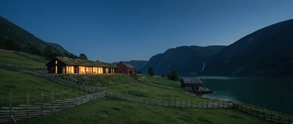 Artist's impression of the paddocks and fjord at blue hour, with the planned lodge glowing in the distance