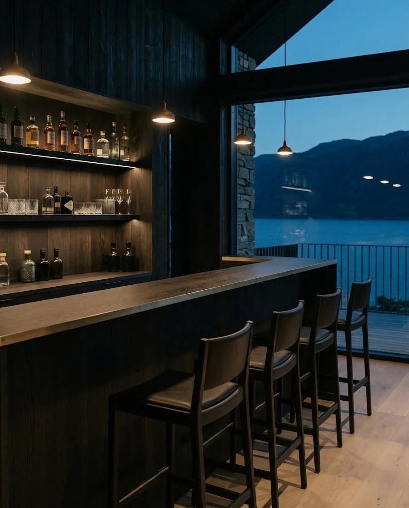 Artist's impression of the planned bar in dark wood and brass, with unlabelled bottles on the shelves