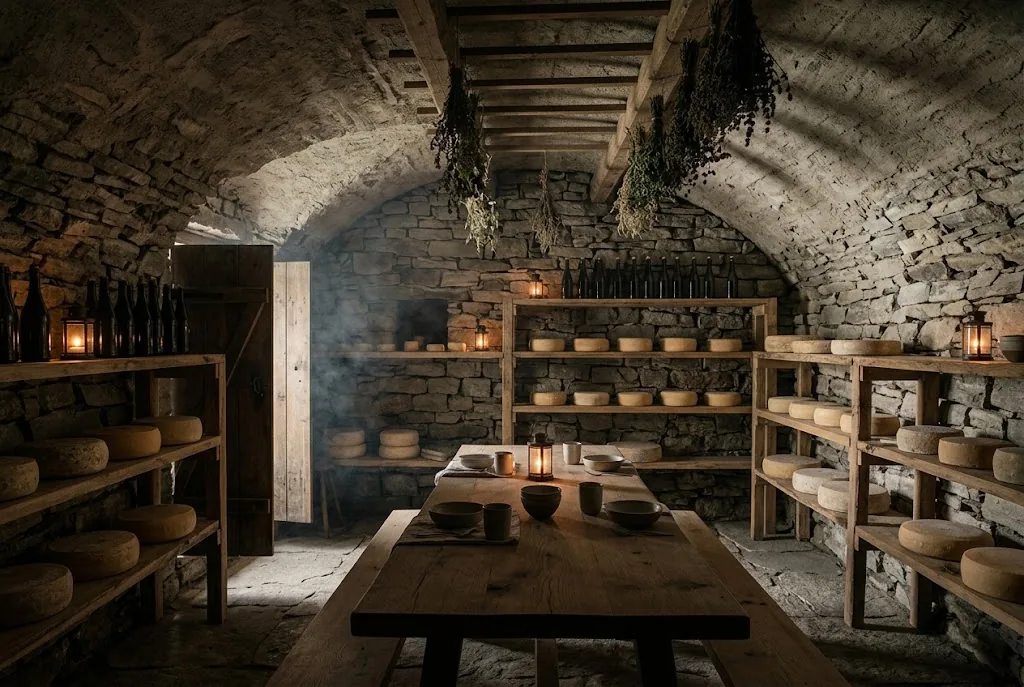 Artist's impression of the planned stone cellar with a smokehouse, cheeses and unlabelled bottles on the shelves