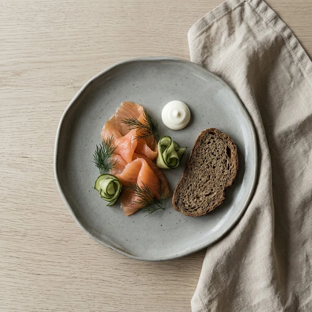 Artist's impression of smoked salmon with dill and rye bread on handmade ceramics