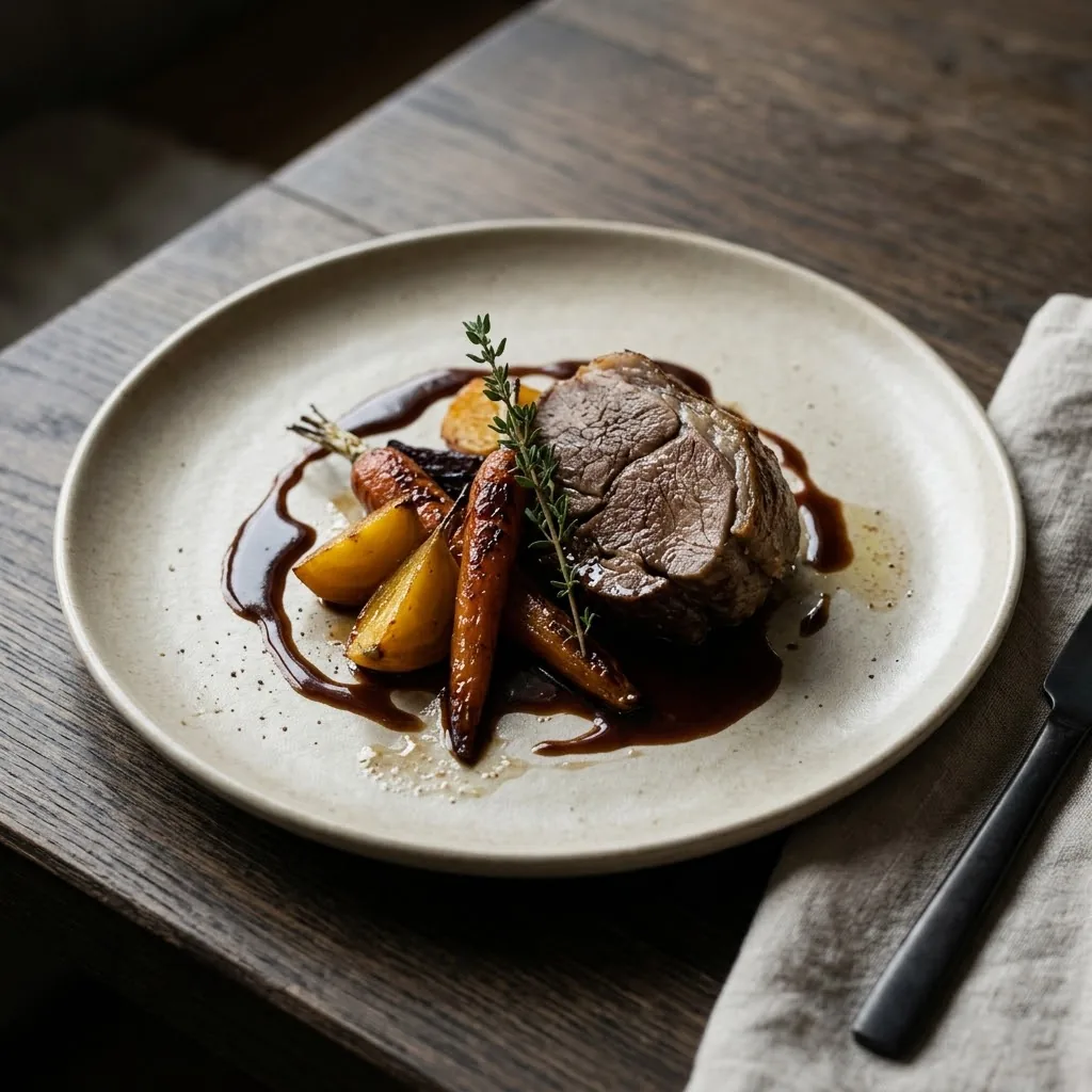 Artist's impression of lamb with roasted root vegetables in autumn colours