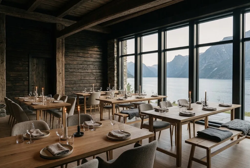 Artist's impression of the planned lodge dining room with long oak tables, candles and windows onto the fjord