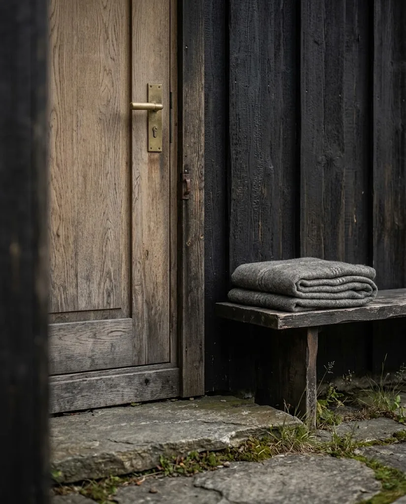 Artist's impression of an architectural detail: tarred timber boards, a brass door handle and a wool blanket on a bench
