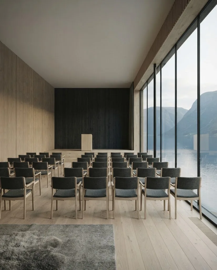 Artist's impression of the planned Fjord Hall with rows of chairs facing a panoramic window