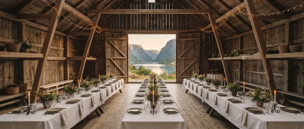 Artist's impression of the planned Great Barn interior set for a banquet under strings of lights