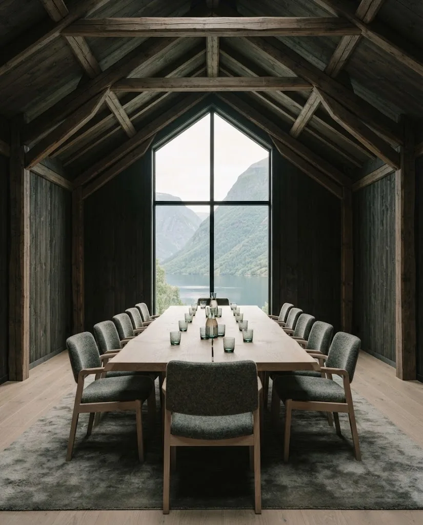 Artist's impression of a meeting room under roof beams with a long table for 14