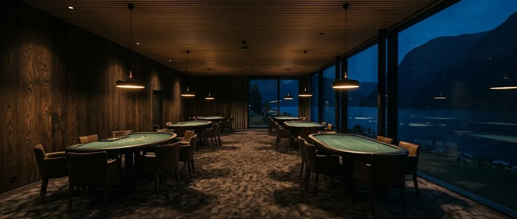 Artist's impression of the planned hotel casino lounge, with dark wood, green baize tables and soft warm light, empty of people
