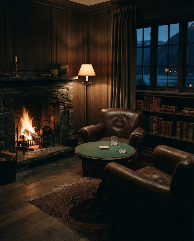Artist's impression of a private salon with a fireplace, leather armchairs and a single gaming table