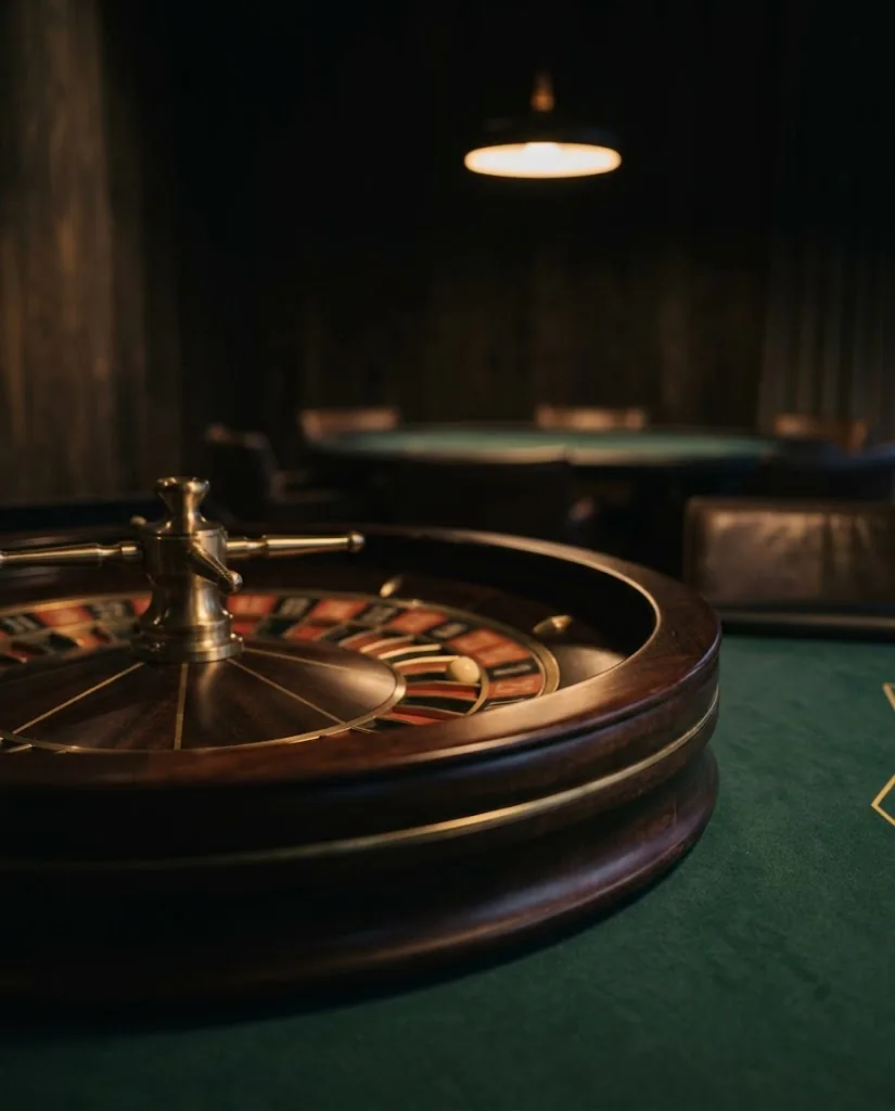 Artist's impression of a roulette wheel with a wooden rim in close-up, with no people