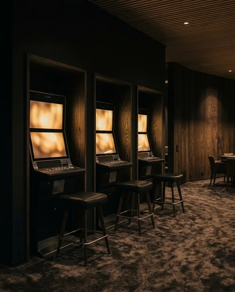 Artist's impression of a row of discreet gaming machines set into wooden alcoves, with blank screens