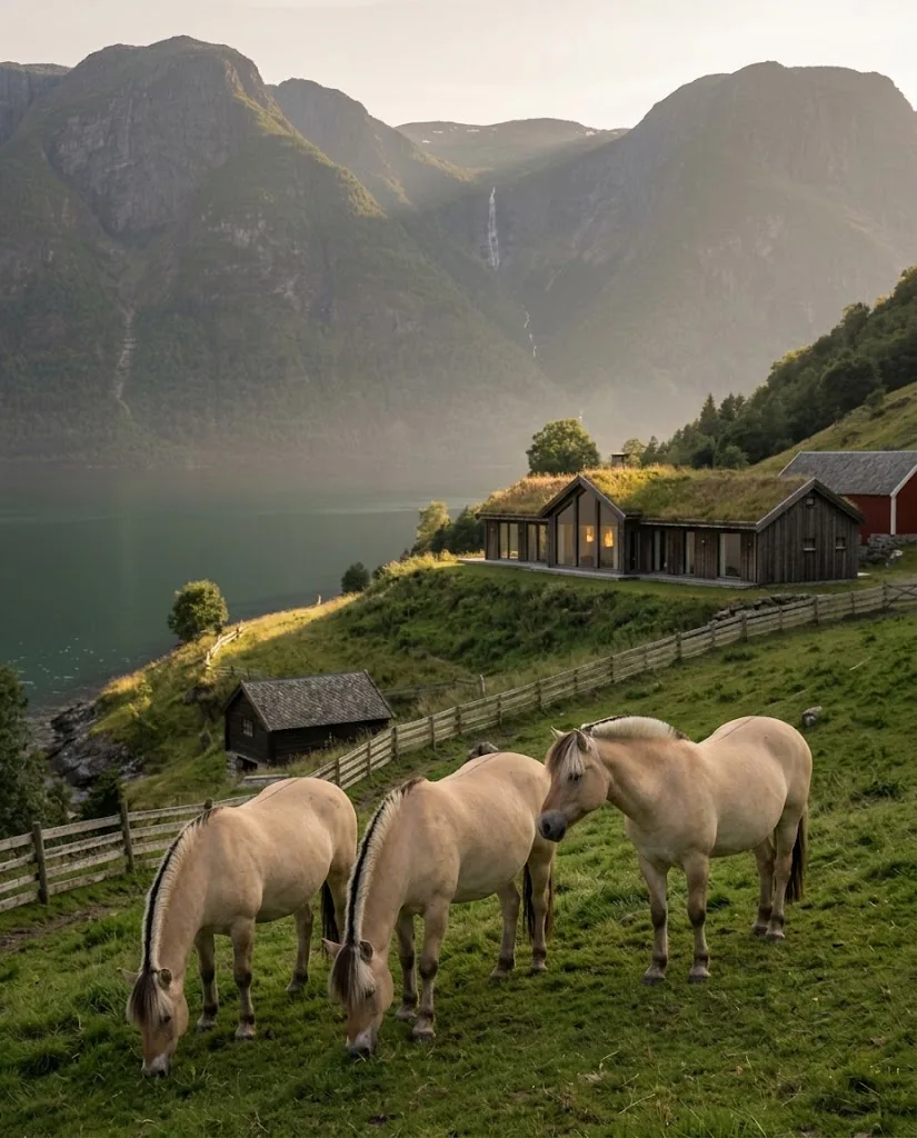 Artist's impression of Norwegian Fjord horses grazing in the foreground, with the planned lodge behind them in soft evening light