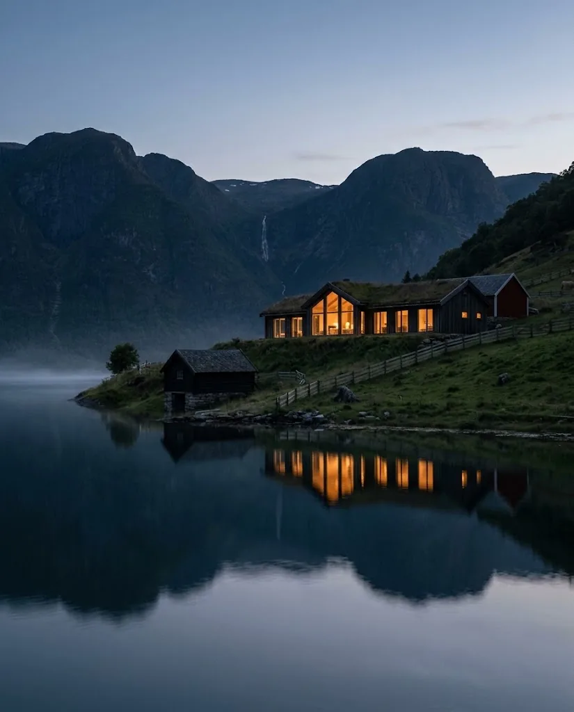 Artist's impression of the planned lodge's glass façade at dusk, its warm windows reflected in the fjord