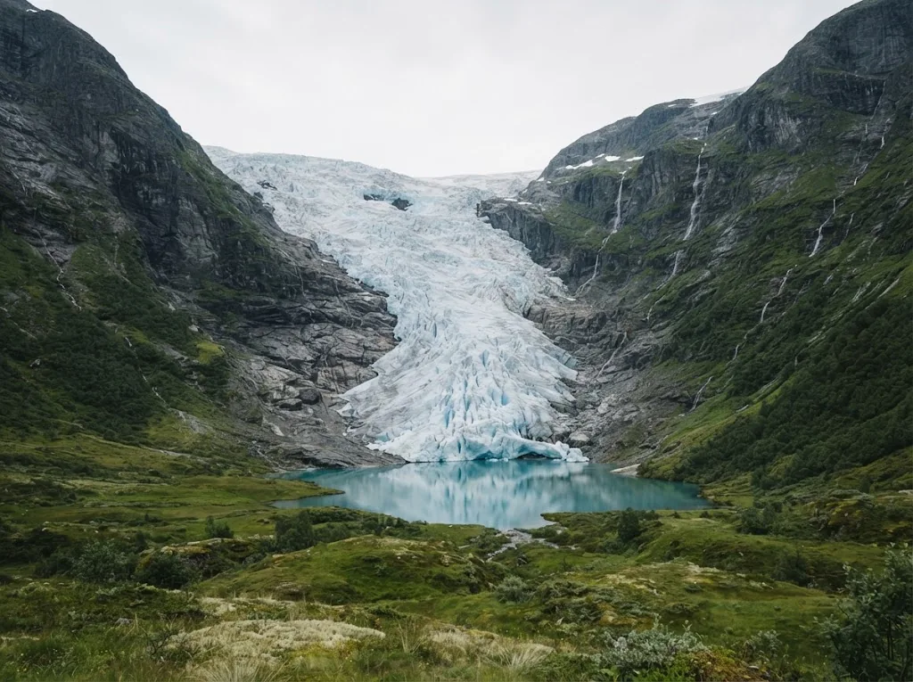 Artist's impression of a glacier tongue above a turquoise lake