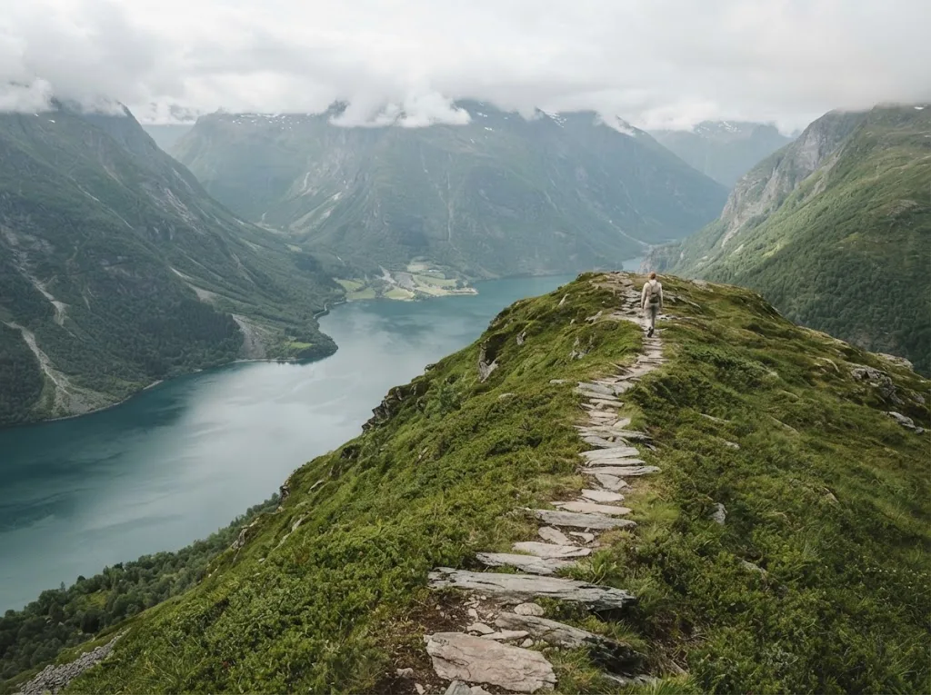 Artist's impression of a mountain trail high above a fjord