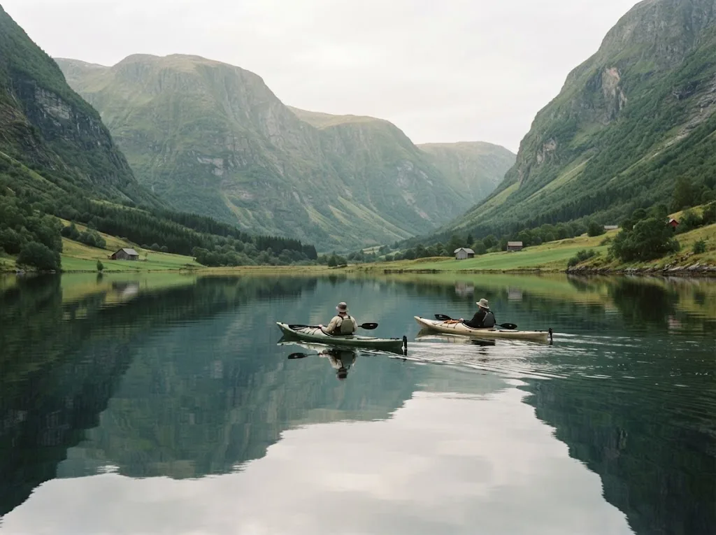 Artist's impression of kayaks on a calm fjord