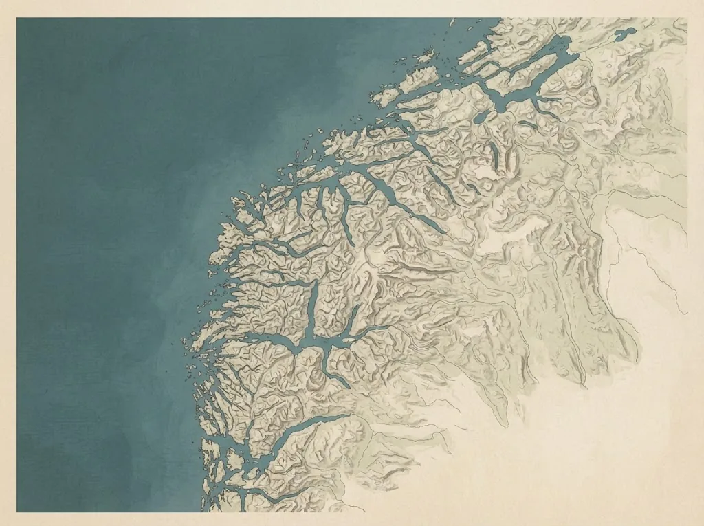 Artist's impression of an illustrated map of Norway's western fjord coast