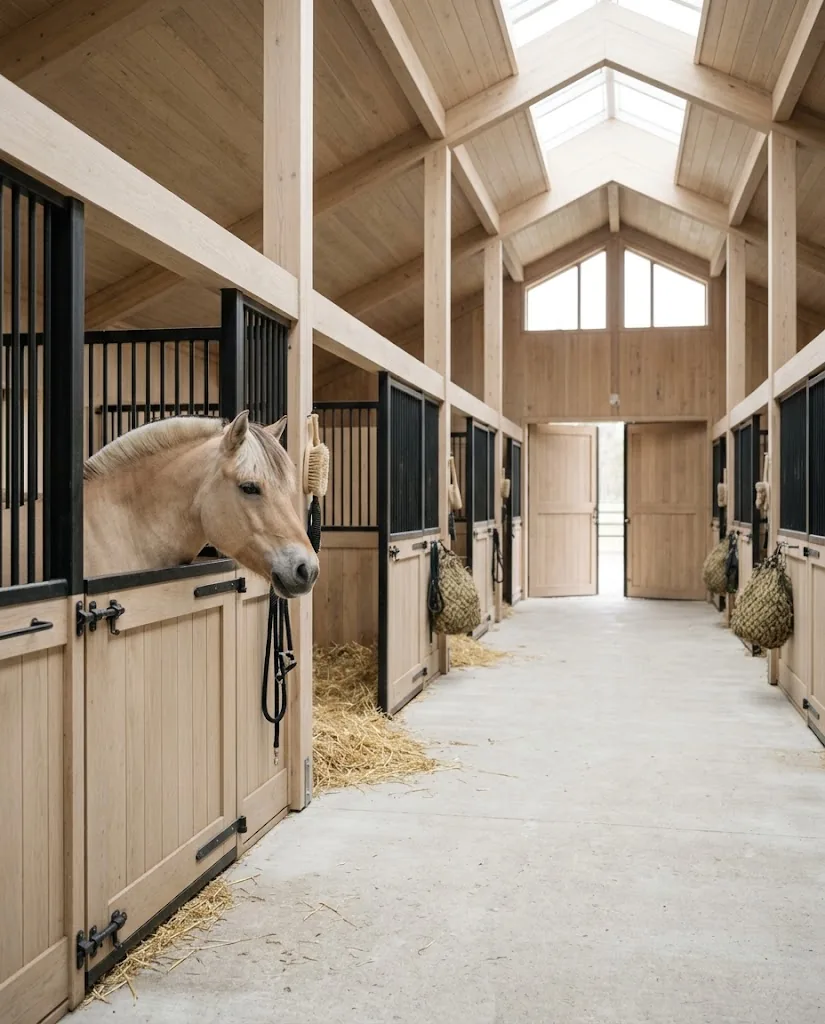 Artist's impression of a light timber stable with loose boxes and a Norwegian Fjord horse looking out over its door