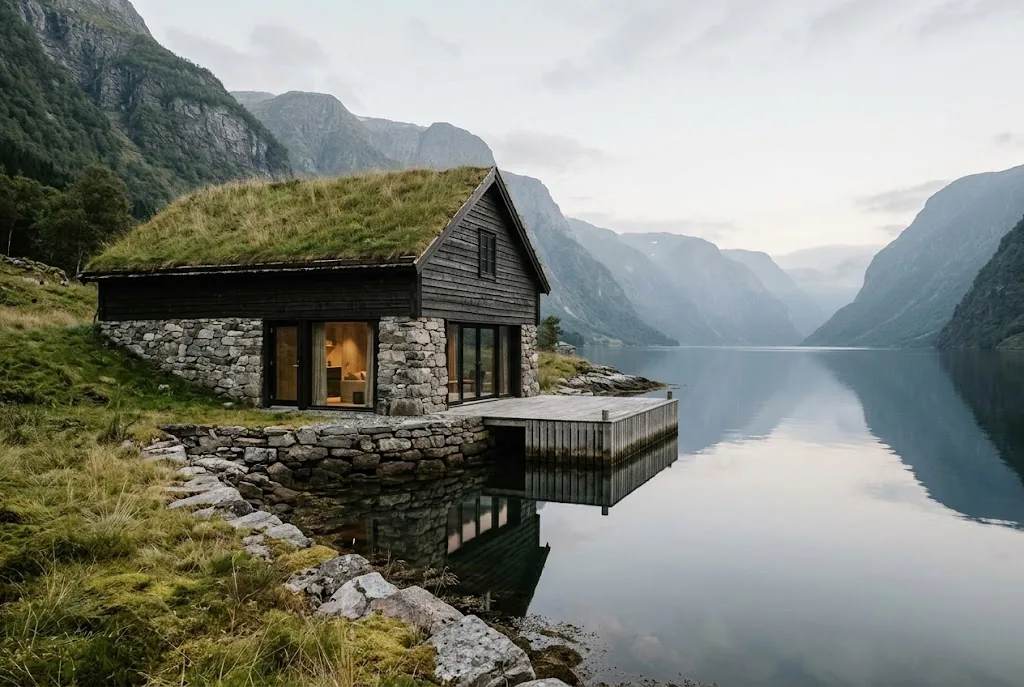 Artist's impression of the planned stone-and-timber Boathouse Villa at the water's edge