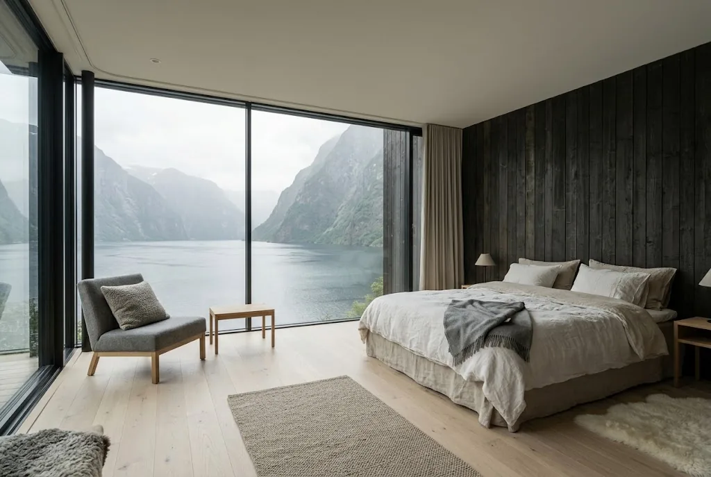 Artist's impression of the planned Fjord Room with a full-width window facing the fjord
