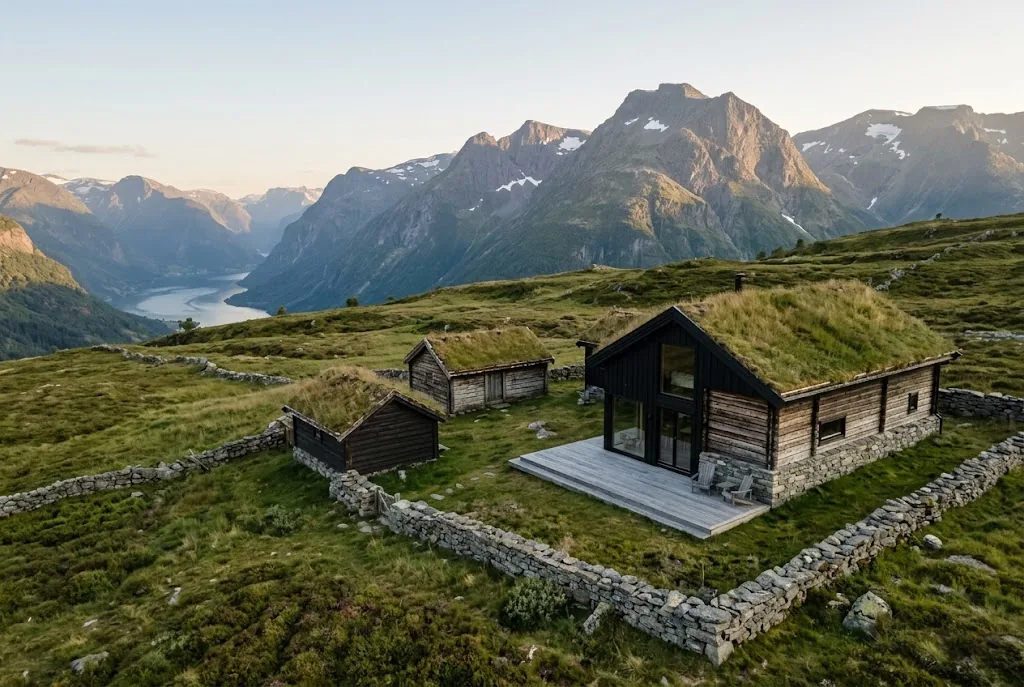 Artist's impression of the planned Seter Residence: turf-roofed mountain cabins on a summer pasture