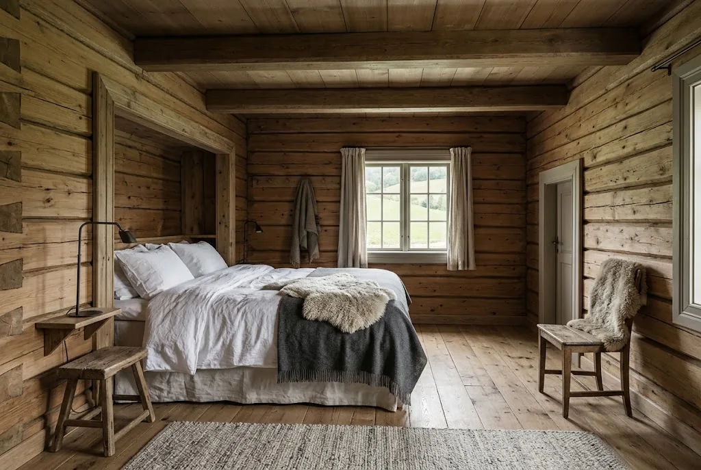 Artist's impression of the planned Stabbur Room: a cosy timber room with a built-in bed alcove and wool textiles