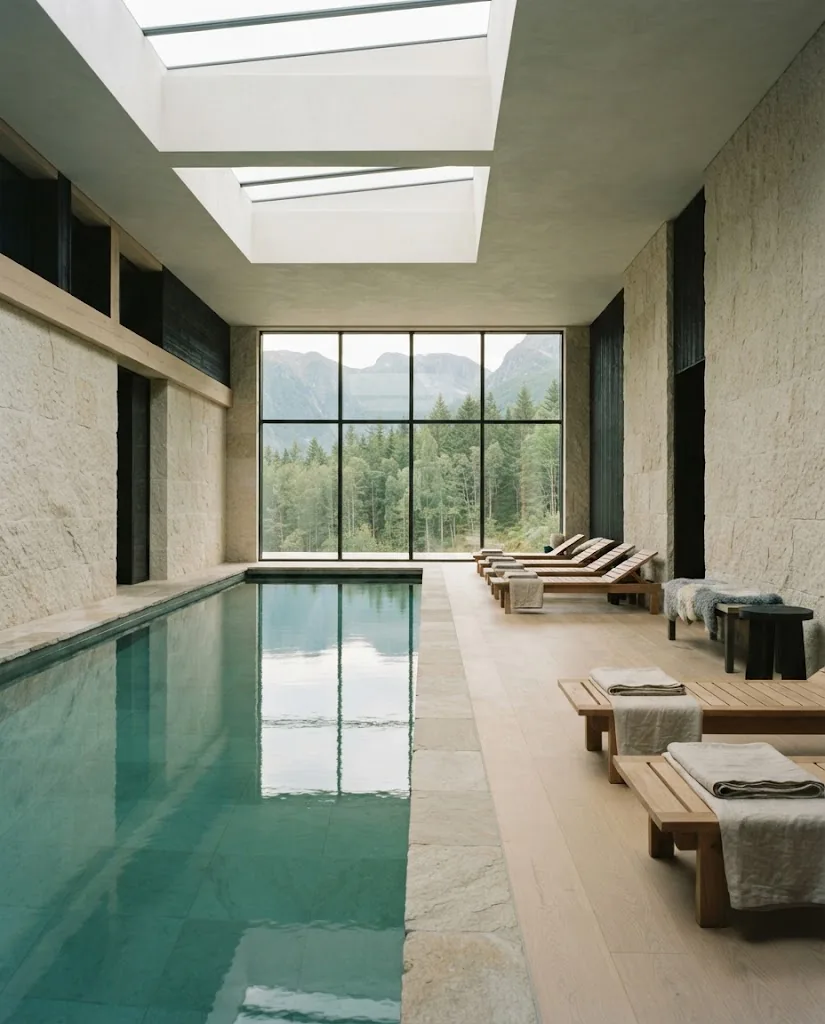 Artist's impression of the planned indoor pool in a stone bathhouse, lit from above