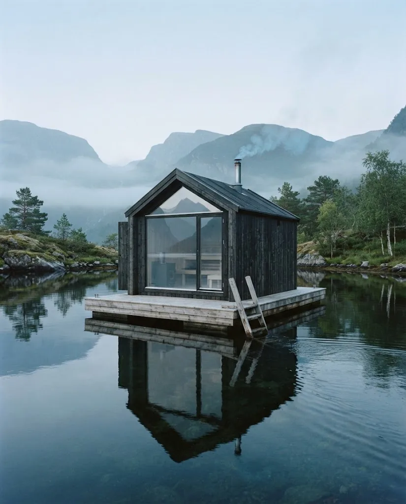Artist's impression of a floating sauna on the fjord with steps leading down into the water