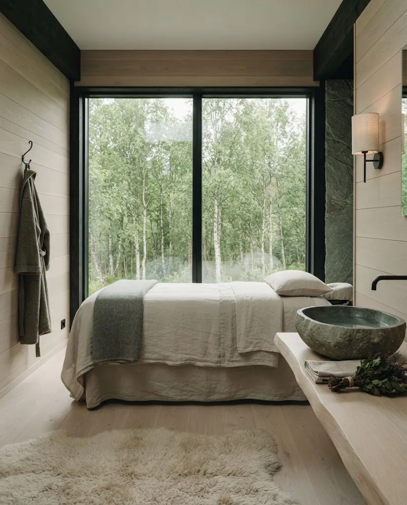 Artist's impression of a treatment room in linen and wood with a window onto the forest